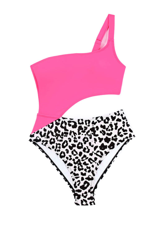 Rose Leopard Patchwork Asymmetric Cutout One Piece Swimsuit
