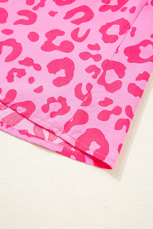 Rose Leopard Puff Sleeve Tie Front High Waist Mini Dress