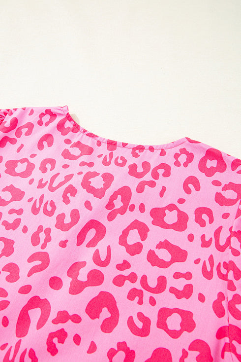 Rose Leopard Puff Sleeve Tie Front High Waist Mini Dress