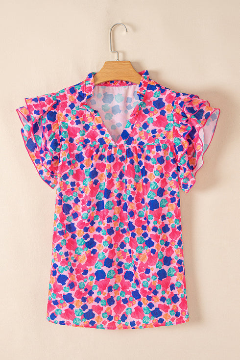 Rose Red Abstract Print Ruffled Sleeve V Neck Blouse