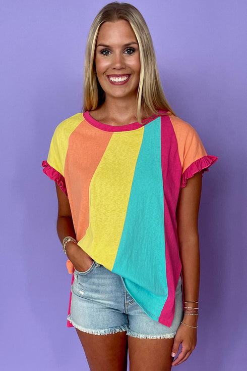 Rose Red Color Block Ruffled Crew Neck Loose Fit T Shirt