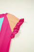 Rose Red Color Block Ruffled Crew Neck Loose Fit T Shirt