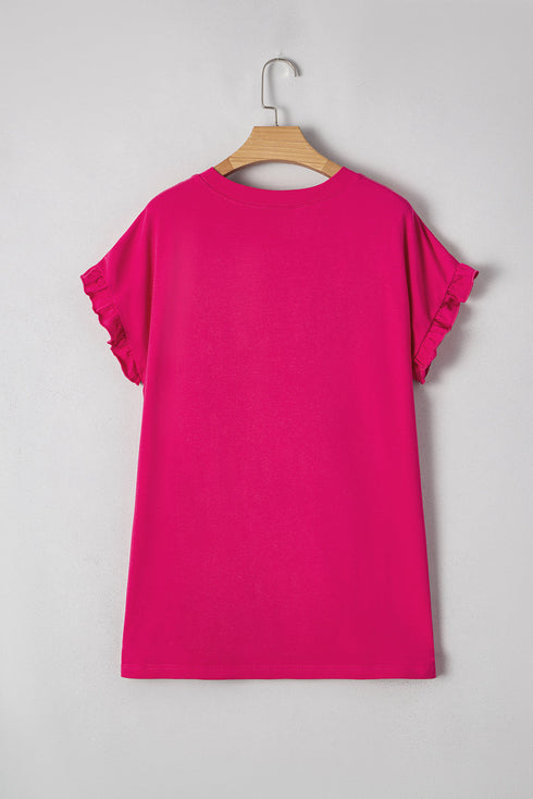 Rose Red Color Block Ruffled Crew Neck Loose Fit T Shirt