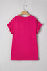 Rose Red Color Block Ruffled Crew Neck Loose Fit T Shirt