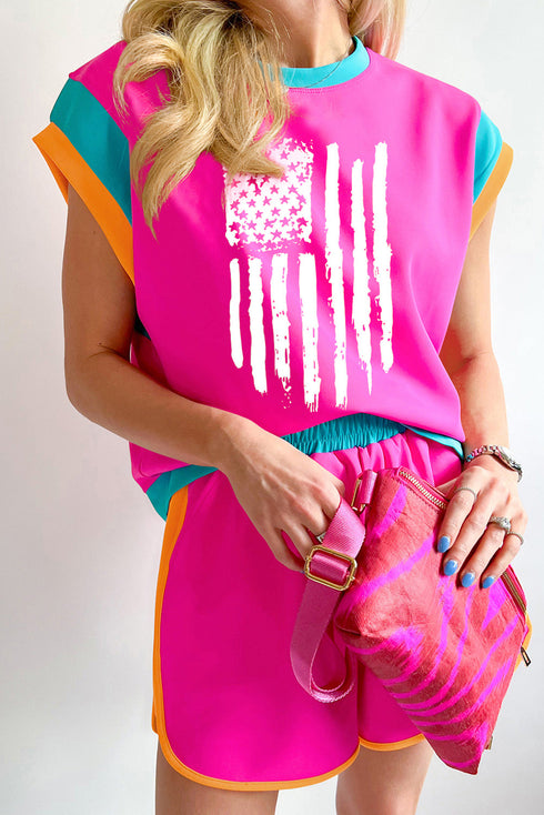 Rose Red Color Block USA Flag Print Loose Fit Two Piece Shorts Set