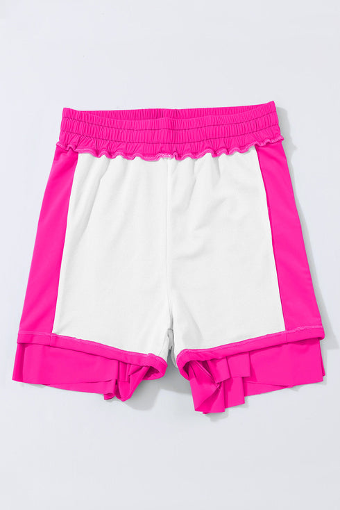 Rose Red Drawstring Elastic Waist Lined Ruffle Shorts Bikini Bottom