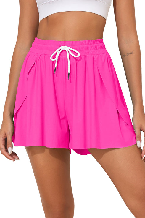 Rose Red Drawstring Elastic Waist Lined Ruffle Shorts Bikini Bottom