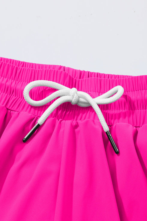 Rose Red Drawstring Elastic Waist Lined Ruffle Shorts Bikini Bottom