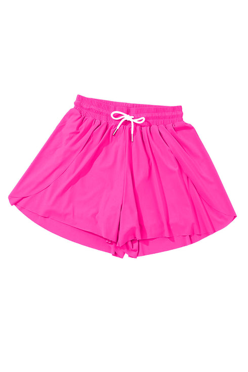 Rose Red Drawstring Elastic Waist Lined Ruffle Shorts Bikini Bottom