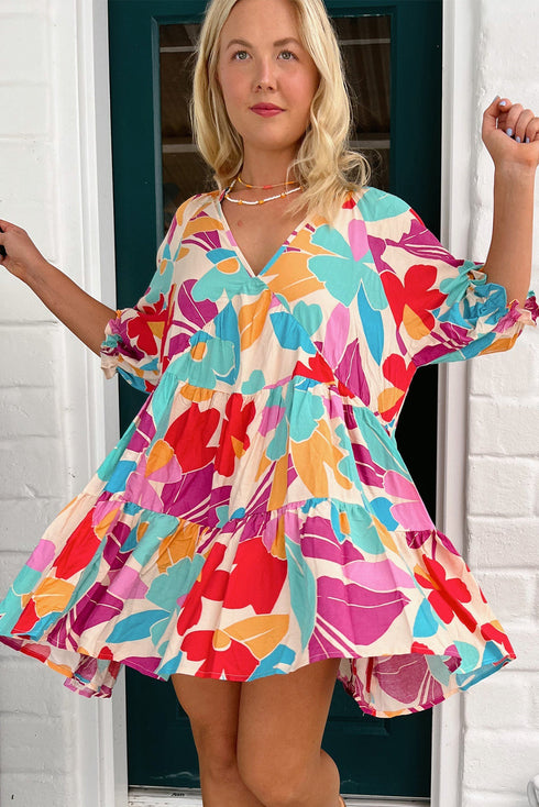 Rose Red Floral Bubble Sleeve V Neck Tiered Ruffle Babydoll Dress