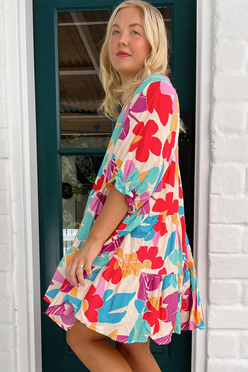 Rose Red Floral Bubble Sleeve V Neck Tiered Ruffle Babydoll Dress