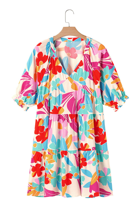 Rose Red Floral Bubble Sleeve V Neck Tiered Ruffle Babydoll Dress