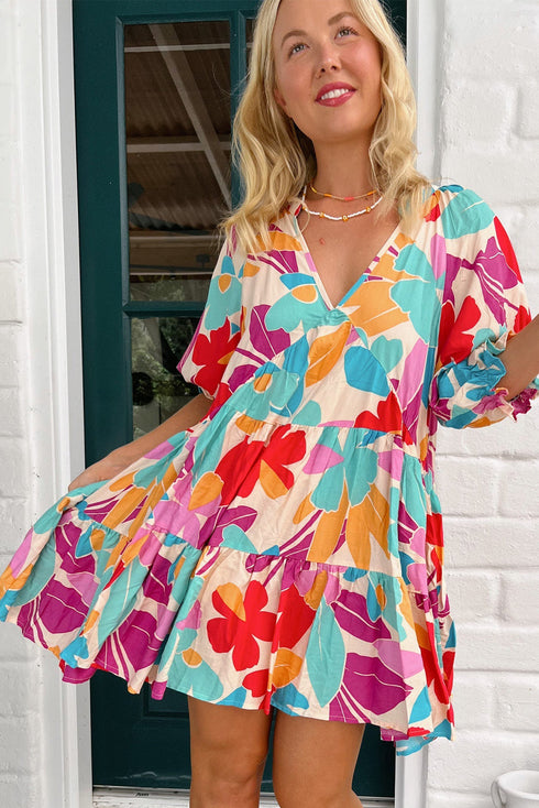 Rose Red Floral Bubble Sleeve V Neck Tiered Ruffle Babydoll Dress