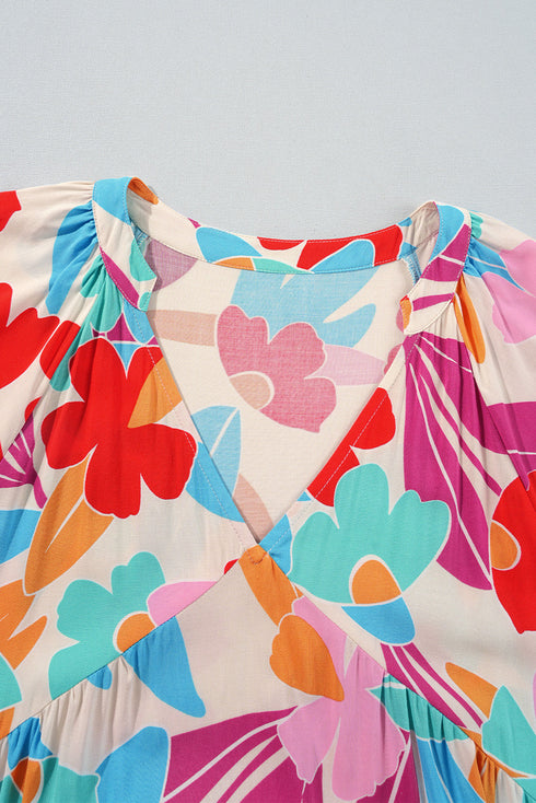 Rose Red Floral Bubble Sleeve V Neck Tiered Ruffle Babydoll Dress