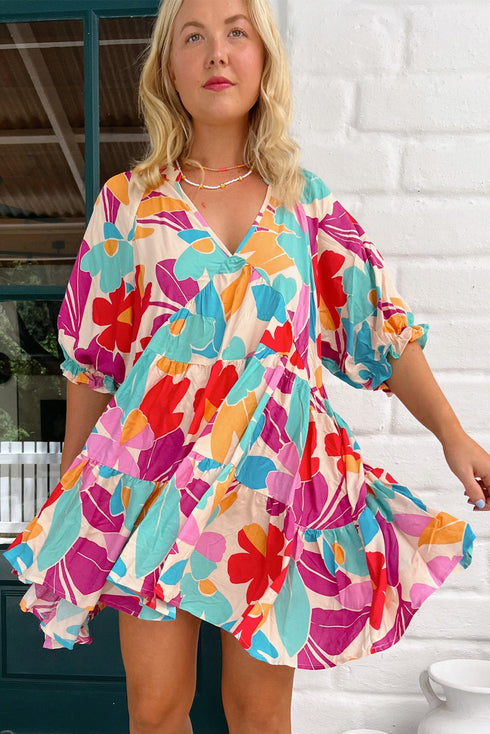 Rose Red Floral Bubble Sleeve V Neck Tiered Ruffle Babydoll Dress