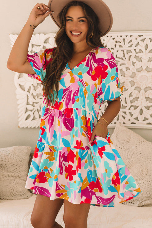 Rose Red Floral Bubble Sleeve V Neck Tiered Ruffle Babydoll Dress