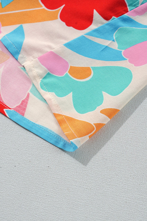 Rose Red Floral Bubble Sleeve V Neck Tiered Ruffle Babydoll Dress