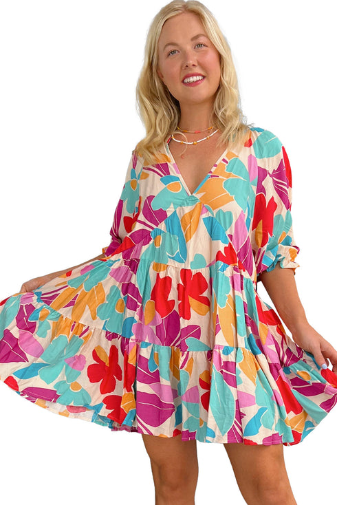Rose Red Floral Bubble Sleeve V Neck Tiered Ruffle Babydoll Dress