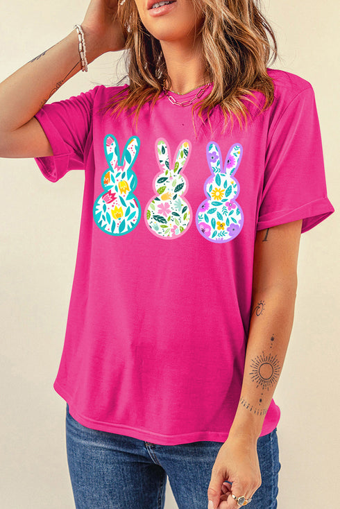 Rose Red Floral Easter Bunny Graphic Crew Neck Easter Tee