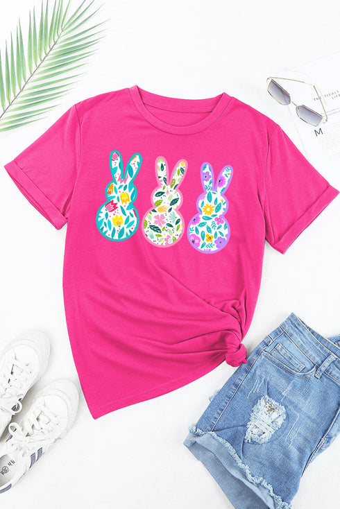 Rose Red Floral Easter Bunny Graphic Crew Neck Easter Tee