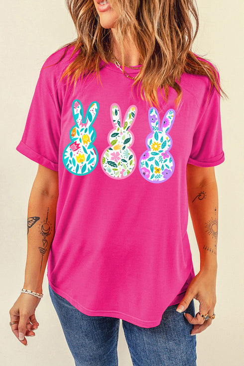 Rose Red Floral Easter Bunny Graphic Crew Neck Easter Tee