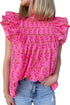 Rose Red Floral Print Pleated Ruffled Flutter Sleeve Blouse