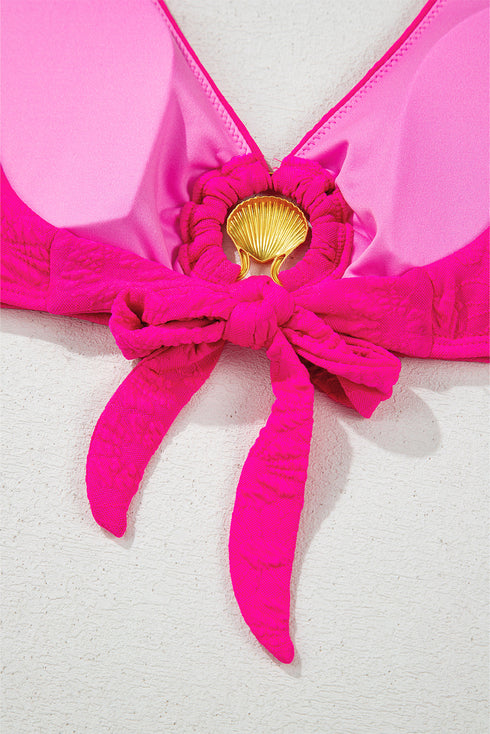 Rose Red Gold Shell Decor Wire-free Knotted 2pcs Bikini Swimsuit