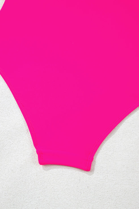 Rose Red Knotted One Shoulder Two Tones Backless One Piece Swimsuit