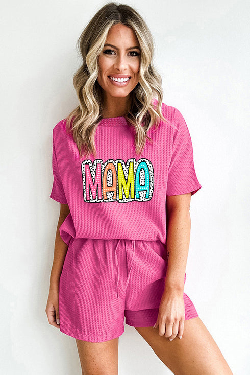 Rose Red MAMA Cheetah Frame Graphic Waffle Knit Short Set