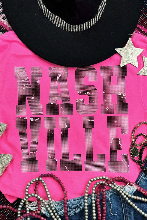 Rose Red NASHVILLE Rhinestone Crew Neck Graphic Tee