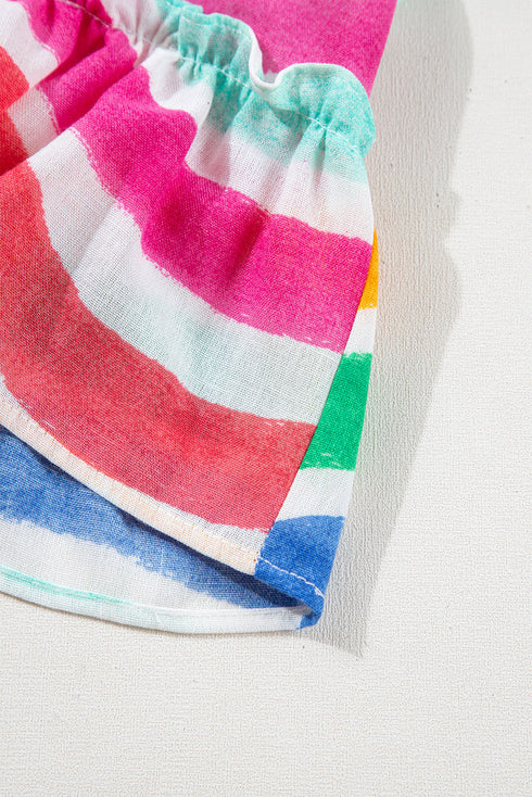 Rose Red Rainbow Stripes Ruffled Hem Drawstring V Neck Tank Top