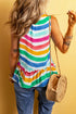 Rose Red Rainbow Stripes Ruffled Hem Drawstring V Neck Tank Top