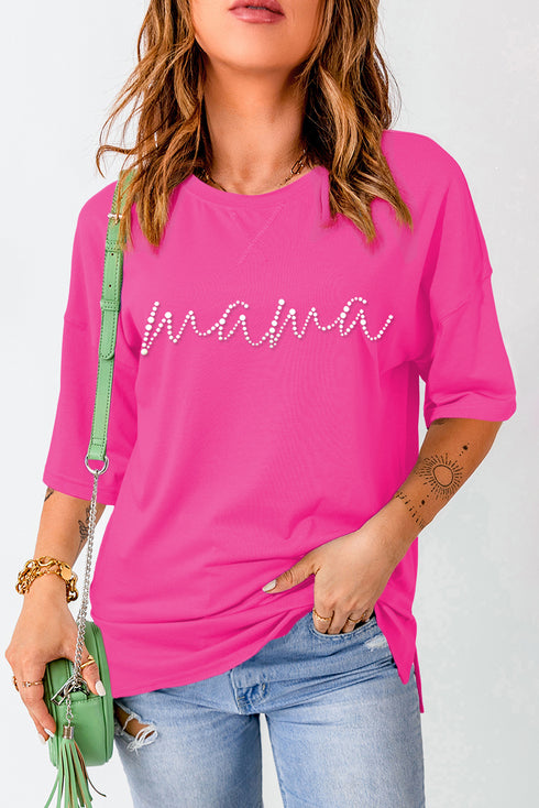 Rose Red Rhinestoned MAMA Graphic Drop Shoulder Half Sleeve Tee
