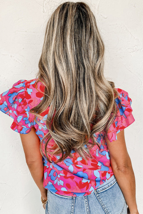 Rose Red Ruffled Sleeve Floral Blouse