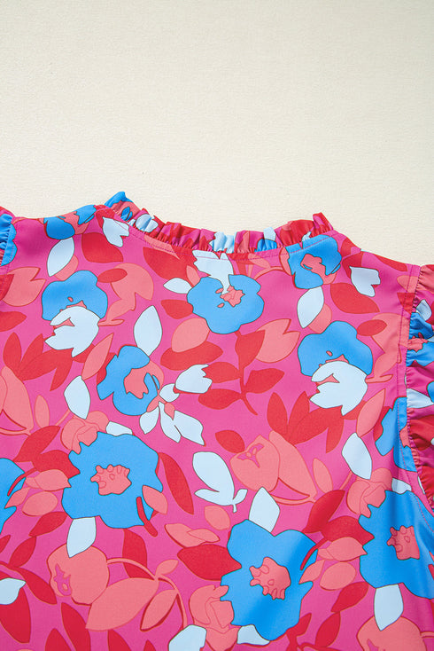 Rose Red Ruffled Sleeve Floral Blouse