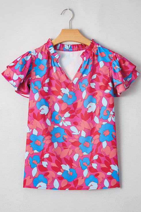 Rose Red Ruffled Sleeve Floral Blouse
