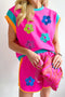 Rose Red Sequined Flower Graphic Colorblock 2 Piece Shorts Set