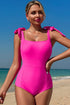 Rose Red Square Neck Knotted Shoulder Open Back One Piece Swimsuit