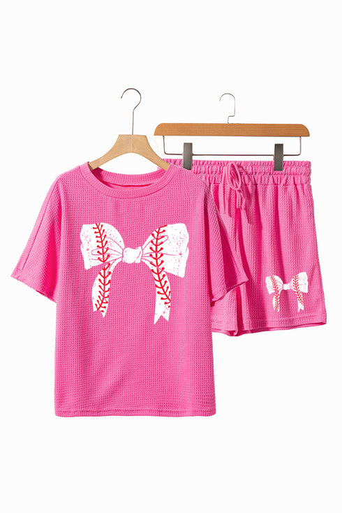 Rose Red Textured Baseball Bowknot Graphic Tee and Shorts Set