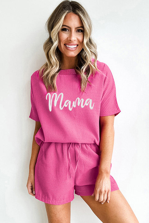Rose Red Waffle mama Embroidered Tee and Drawstring Shorts