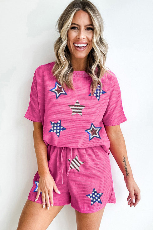 Rose Red Waffle Sequin American Flag Star Graphic 2 Piece Shorts Set