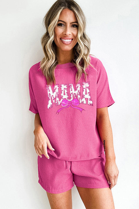 Rose Red Waffle Sequin Floral MAMA Bow Graphic Tee Shorts Set