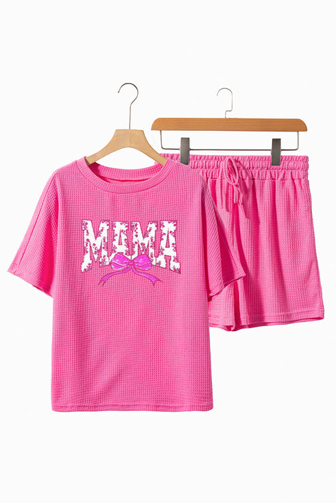 Rose Red Waffle Sequin Floral MAMA Bow Graphic Tee Shorts Set