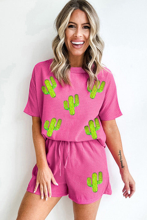 Rose Red Western Cactus Patched Textured Two Piece Shorts Set