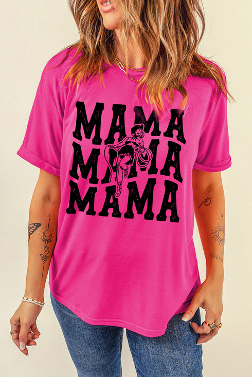 Rose Red Western MAMA Print Crew Neck T Shirt