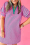 Rose Stripe Collared V Neck Puff Sleeve Shift T Shirt Dress with Pockets