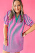 Rose Stripe Collared V Neck Puff Sleeve Shift T Shirt Dress with Pockets