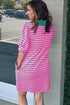 Rose Stripe Collared V Neck Puff Sleeve Shift T Shirt Dress with Pockets