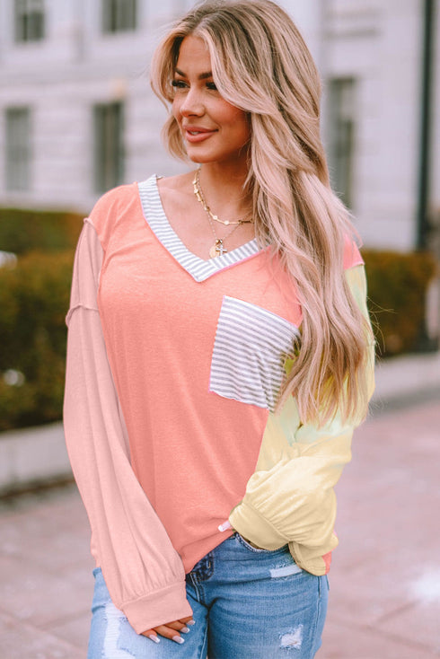 Rose Striped Color Block Splicing Long Sleeve T Shirt
