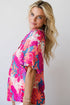 Rose Tropical Plant Printed V Neck Puff Sleeve Blouse